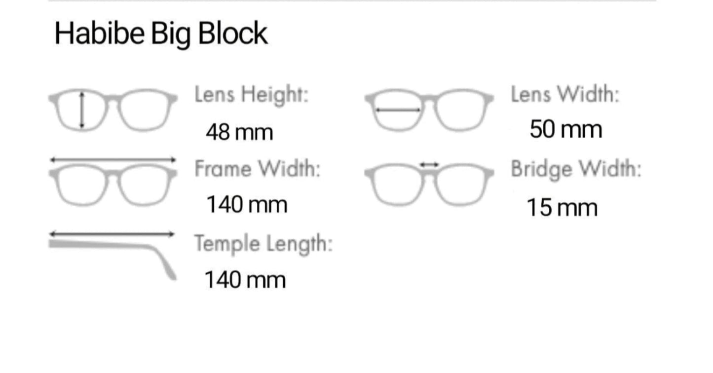Habibe Big Block size chart. Designer sunglasses